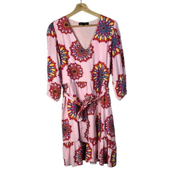Gibson Look Pink Floral Long Sleeve Tiered Knee Length Dress S - Picture 1 of 6